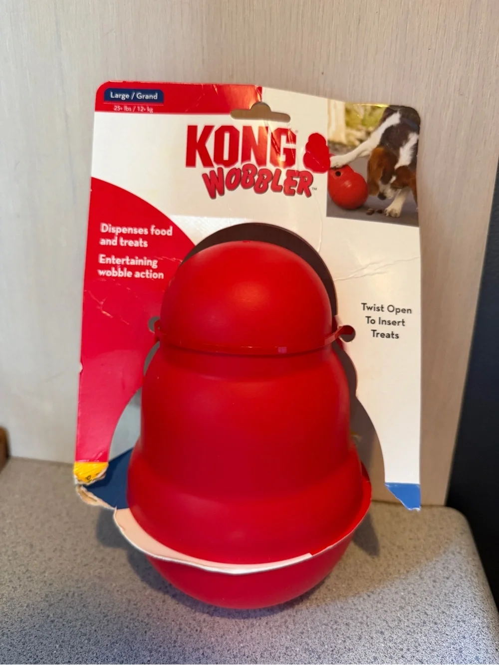 New Large Kong Wobbler Dog Treat Dispensing Toy Large 25+ lbs Twist off Top